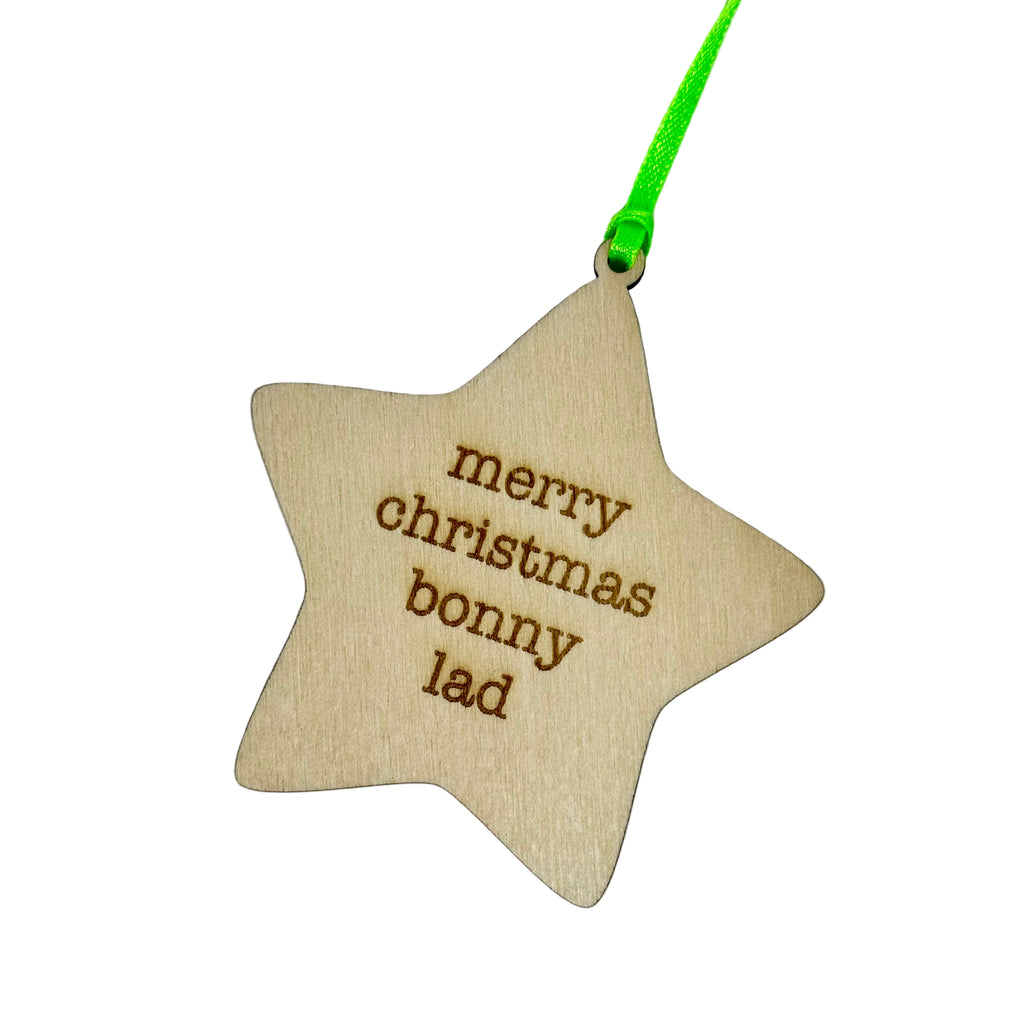 'Merry Christmas Bonny Lad' Geordie Hanging Wooden Christmas Star Decoration