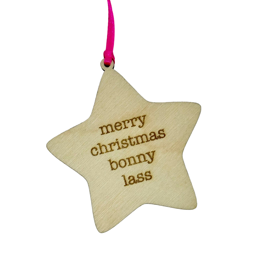 'Merry Christmas Bonny Lass' Geordie Hanging Wooden Christmas Star Decoration