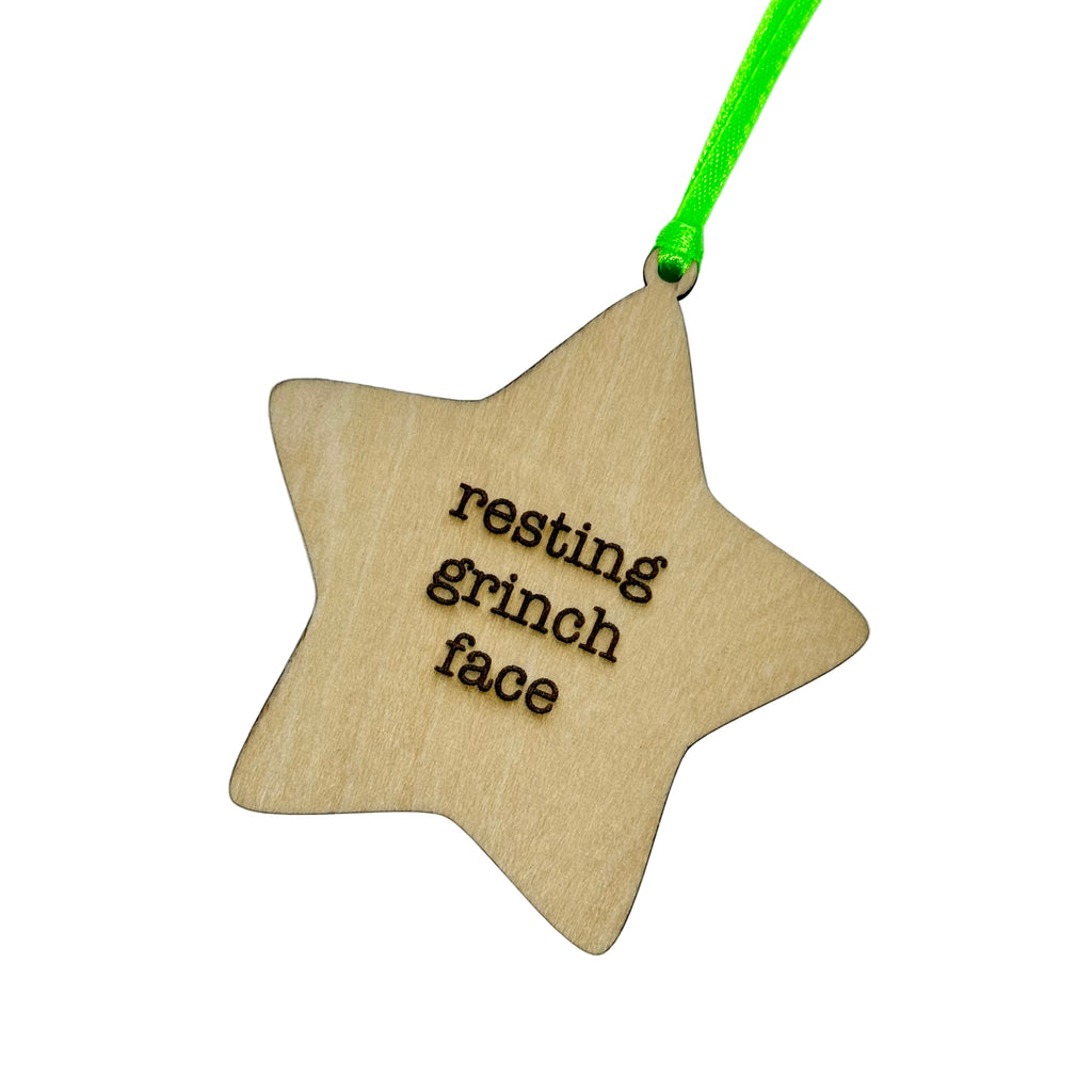 'Resting Grinch Face' Hanging Wooden Christmas Star Decoration