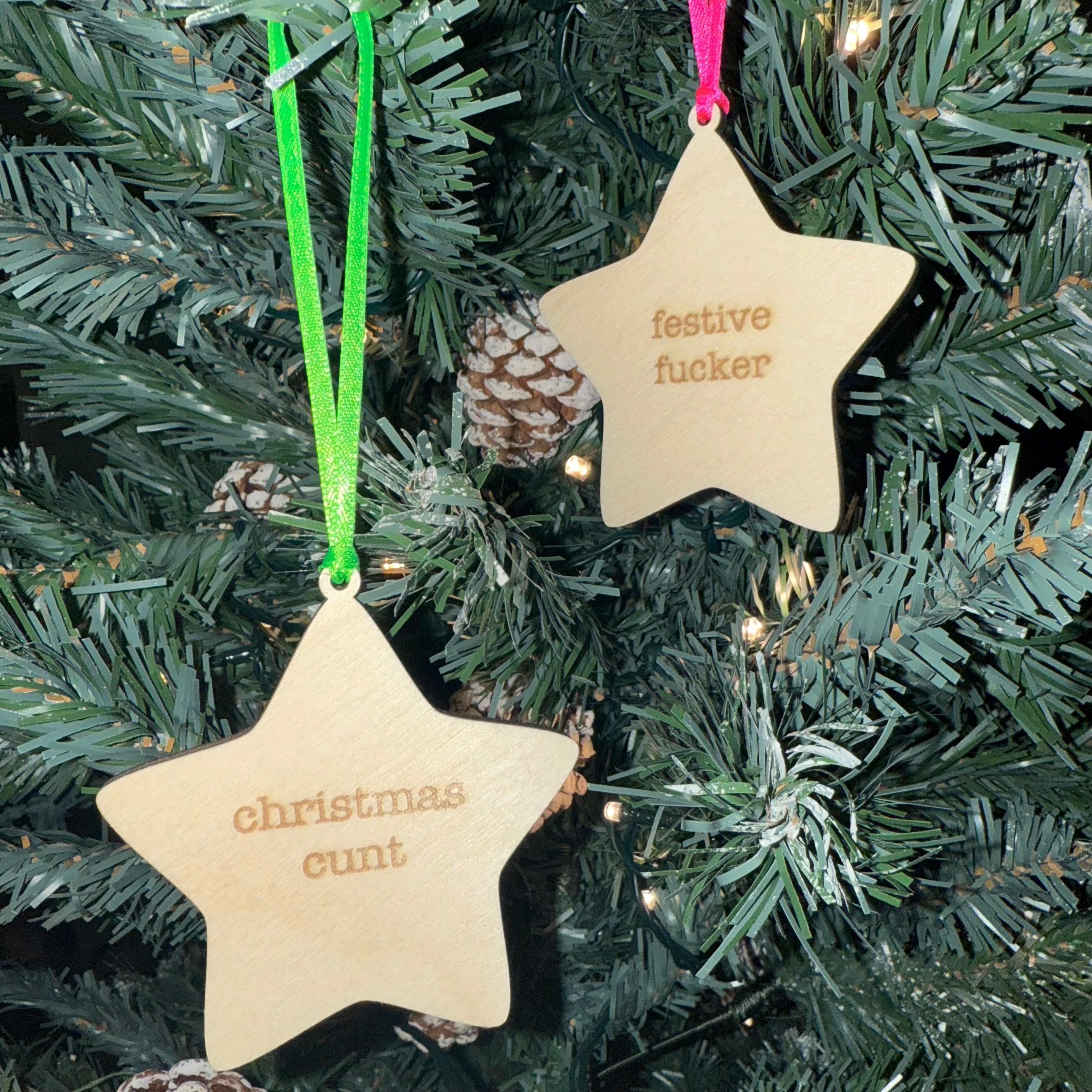 'Festive Fucker' Hanging Wooden Christmas Star Decoration