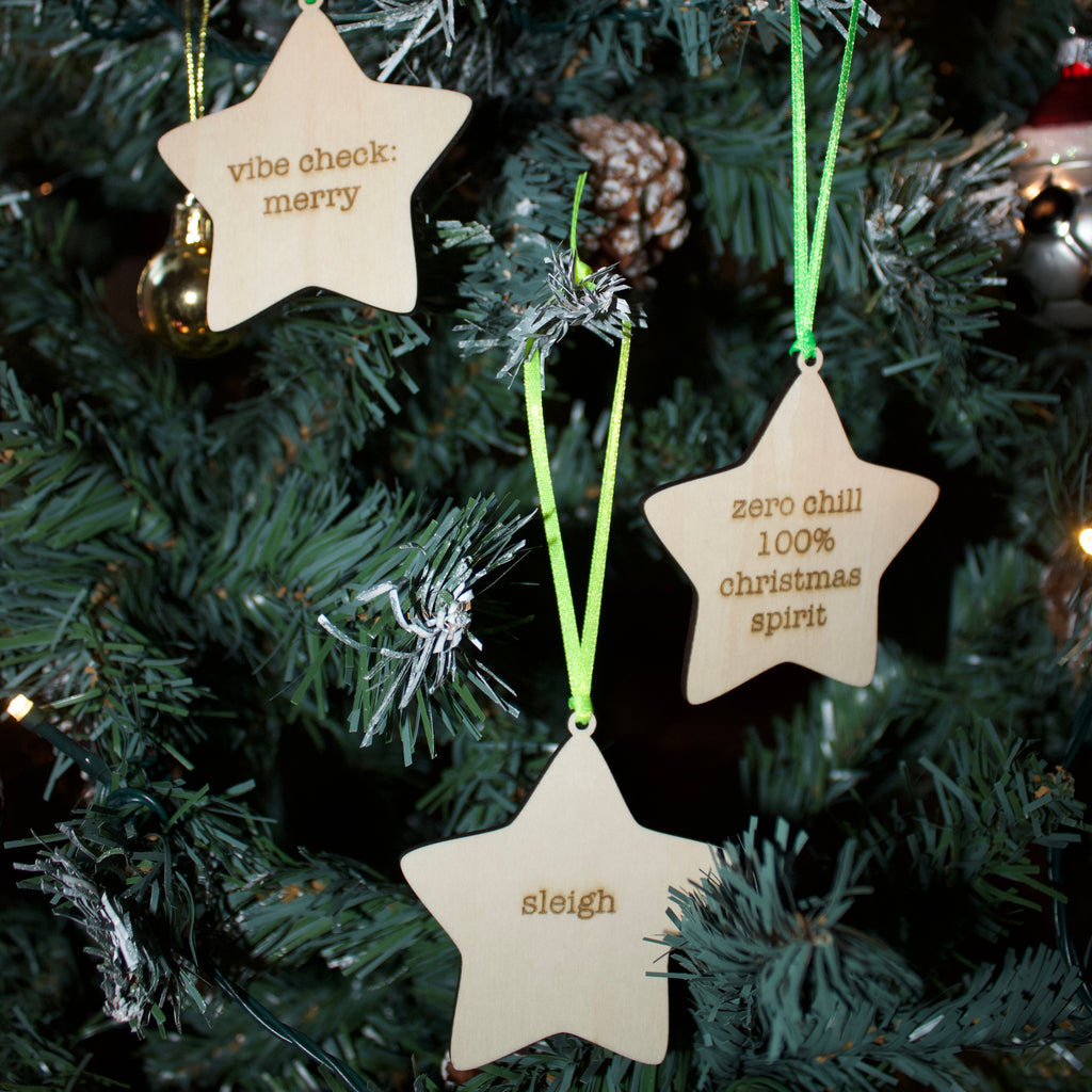'Vibe Check: Merry' Hanging Wooden Christmas Star Decoration