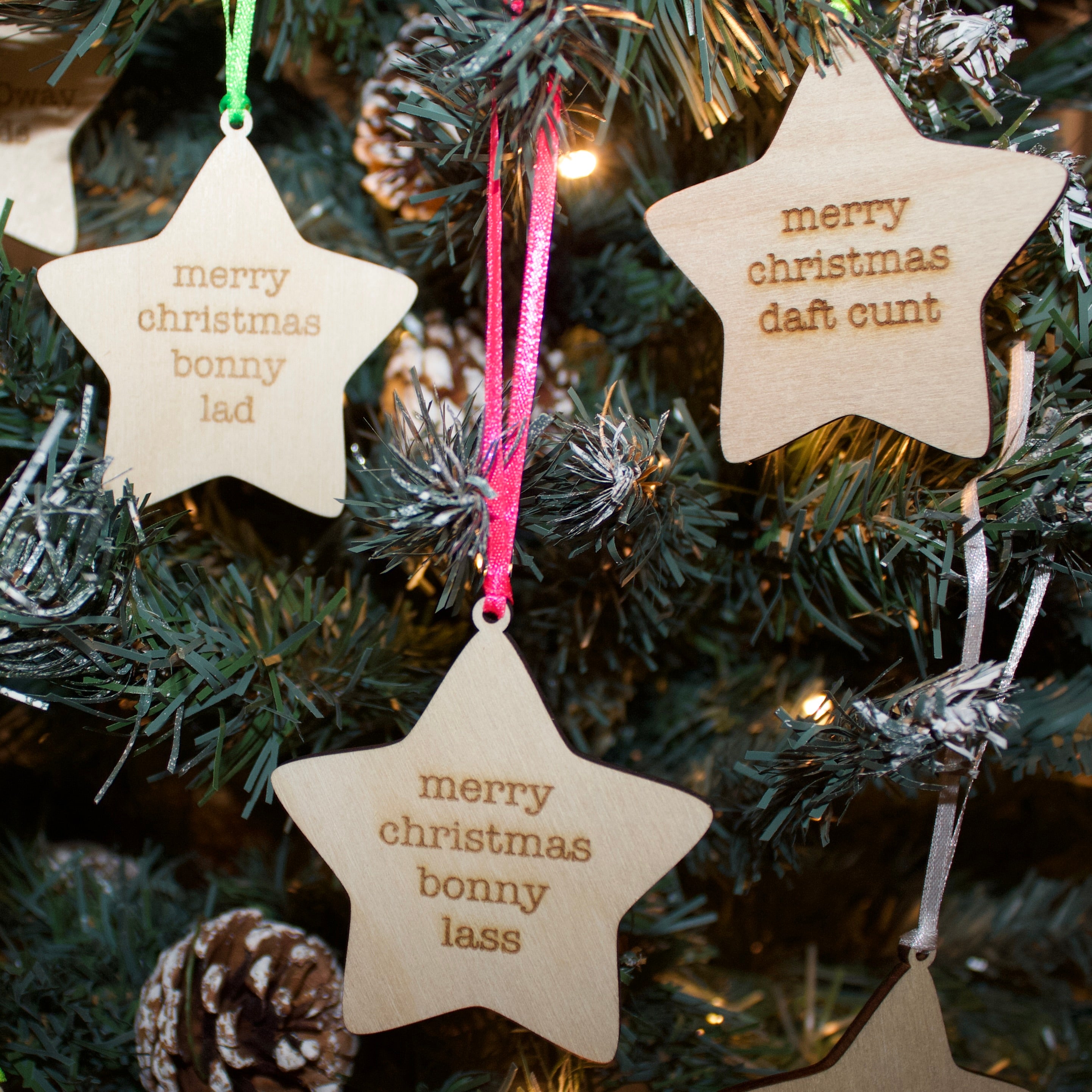 'Merry Christmas Daft Cunt' Geordie Hanging Wooden Christmas Star Decoration