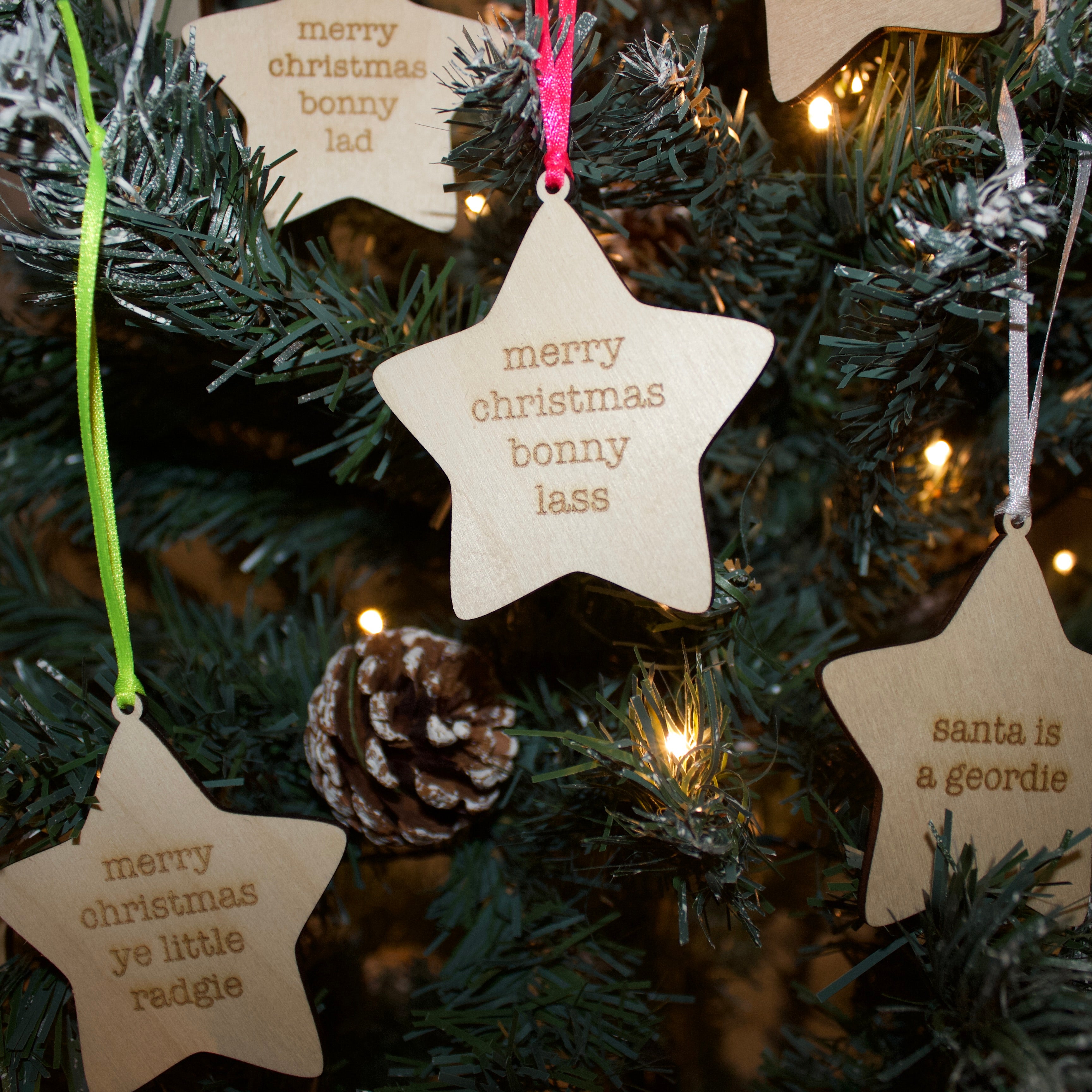 'Santa is a Geordie' Hanging Wooden Christmas Star Decoration