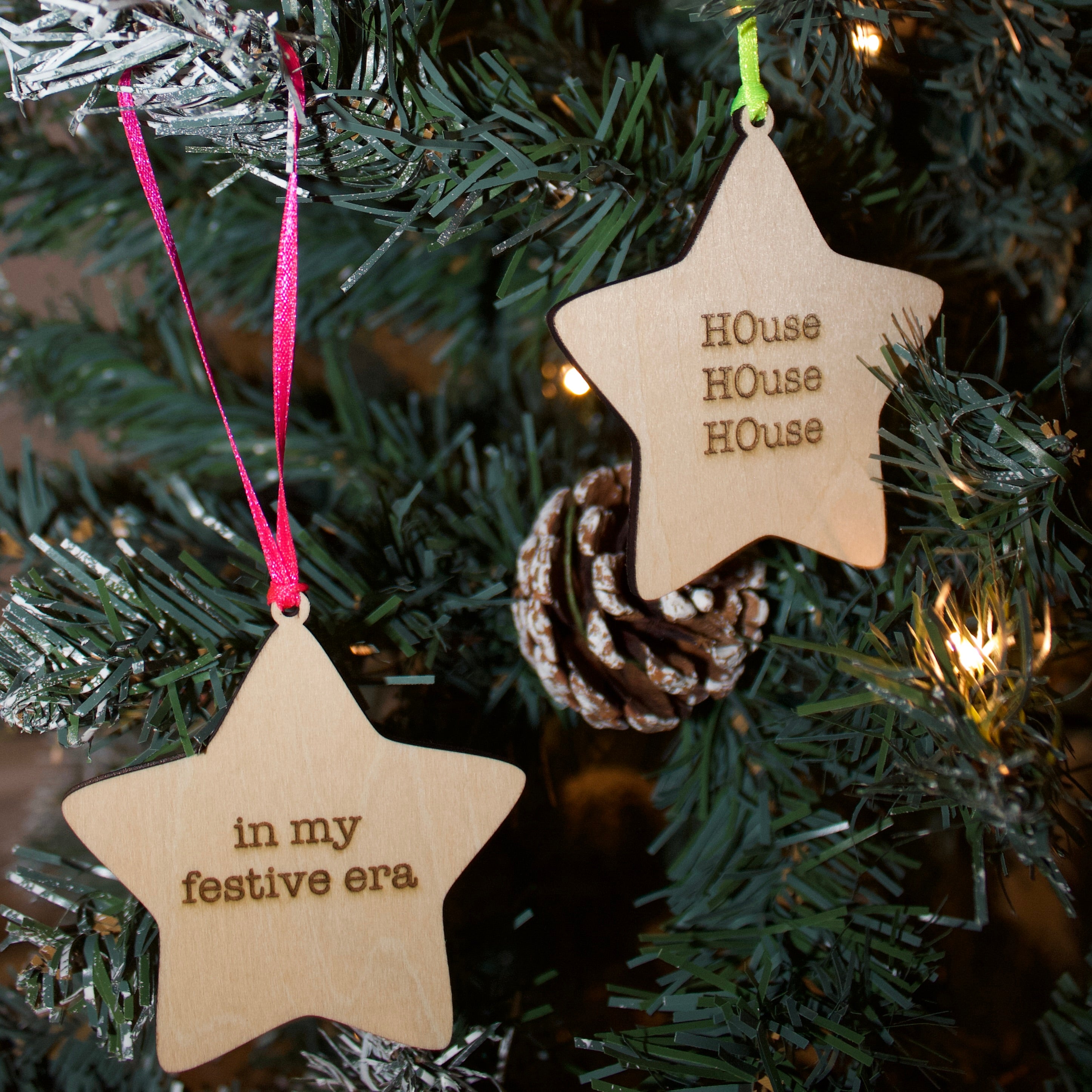 'In My Festive Era' Hanging Wooden Christmas Star Decoration