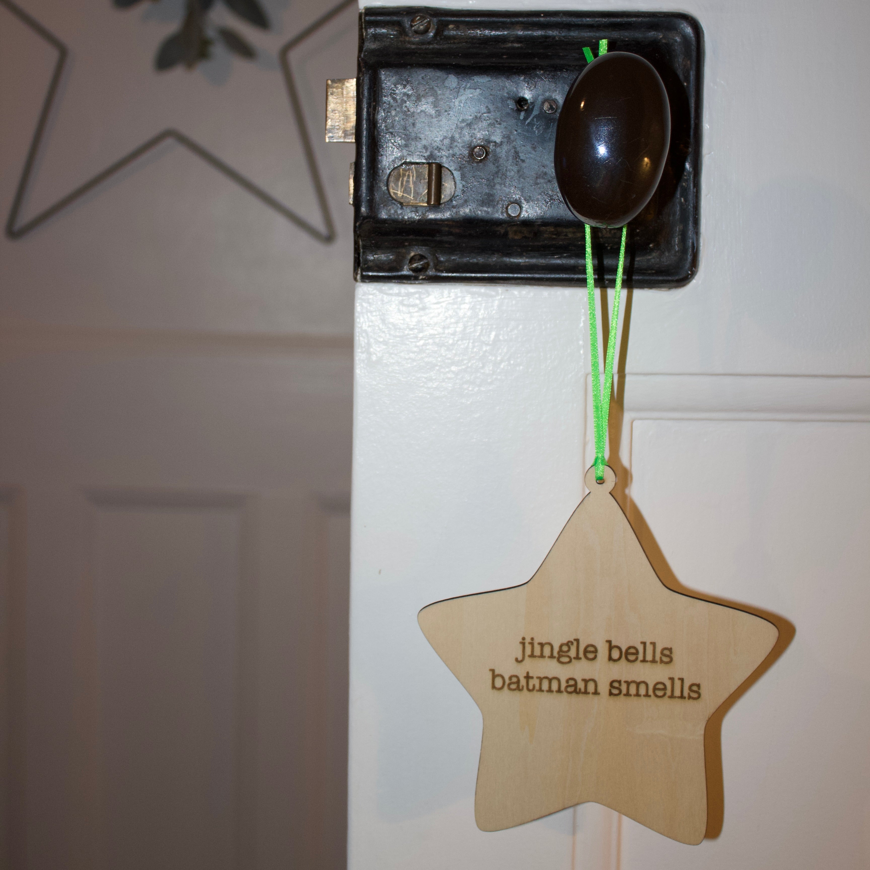 'Jingle bells Batman smells' Hanging Wooden Christmas Star Sign