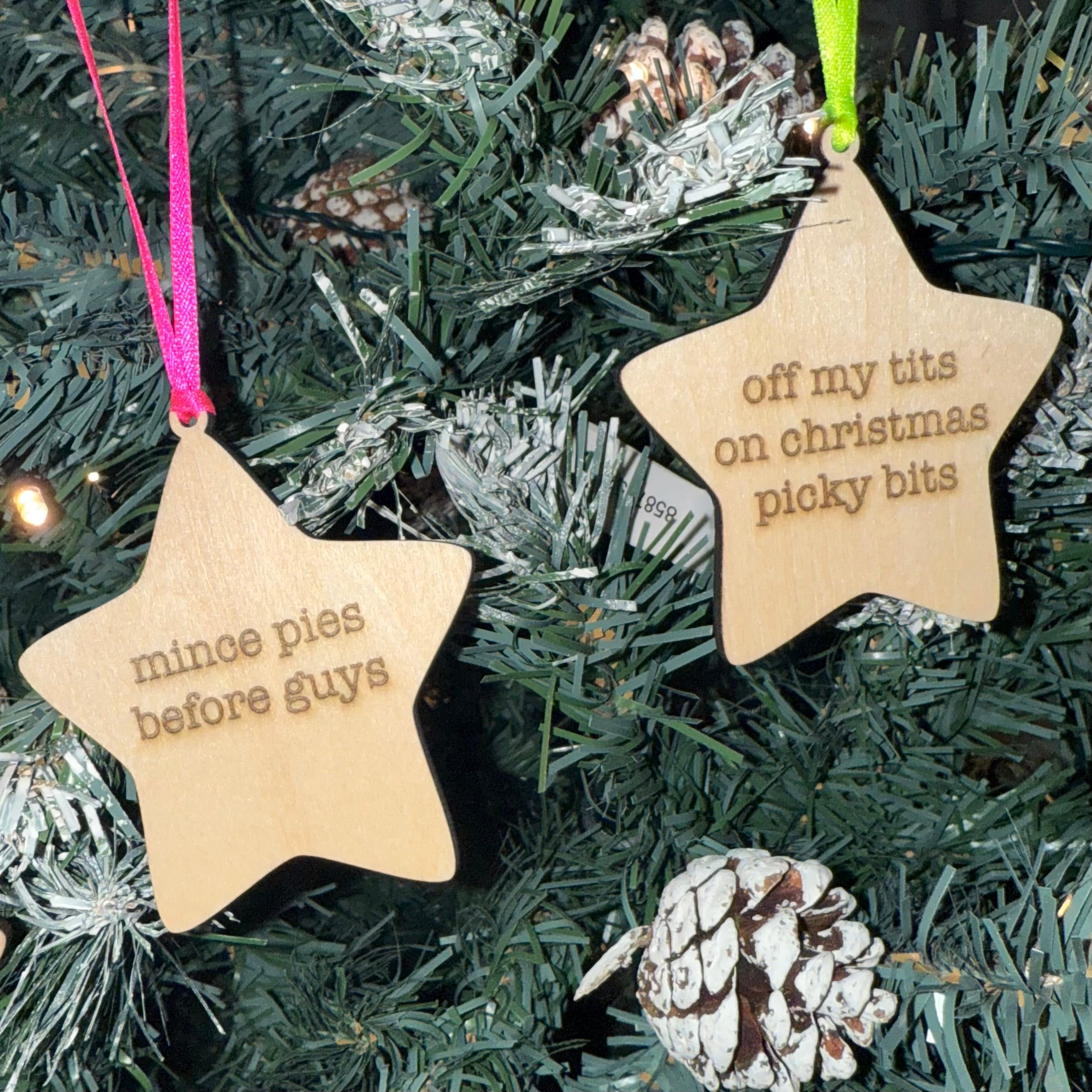 'Off My Tits On Christmas Picky Bits' Hanging Wooden Christmas Star Decoration