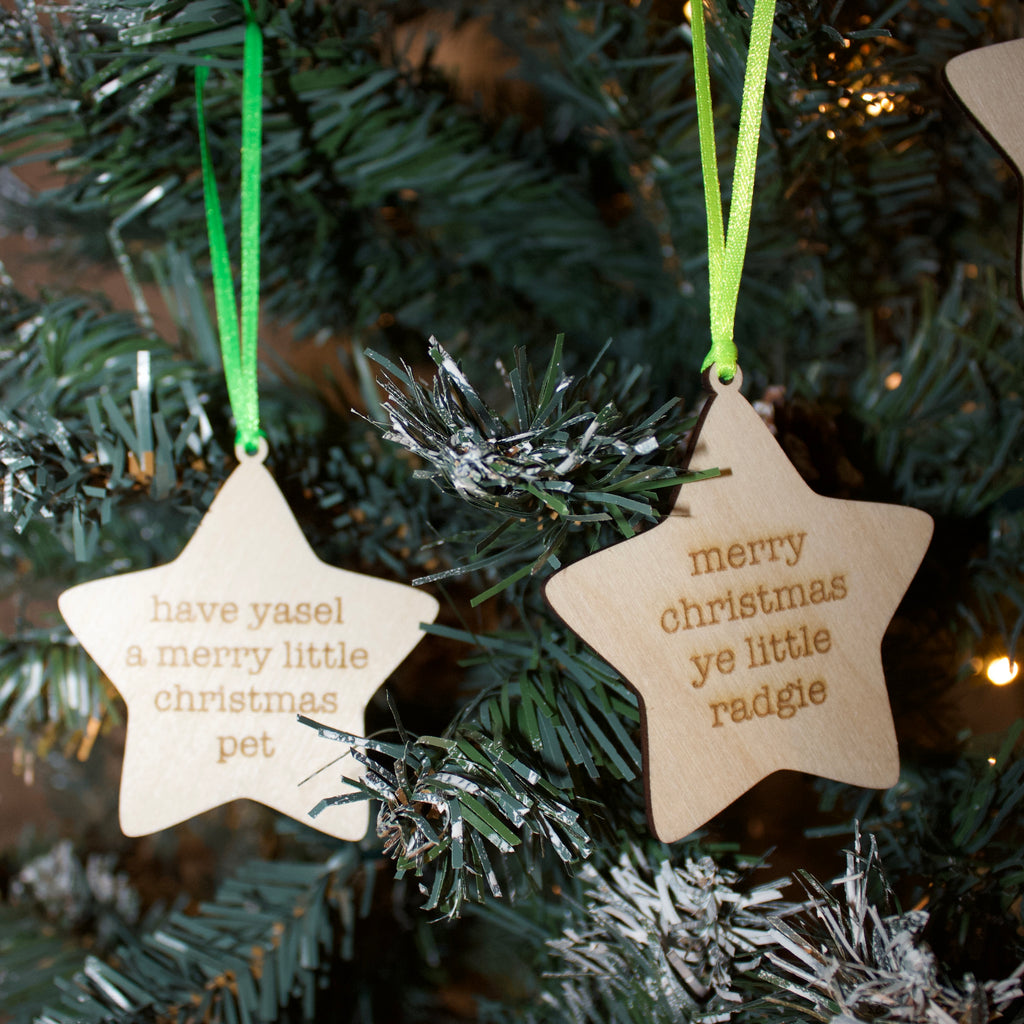 'Merry Christmas Ye Little Radgie' Geordie Hanging Wooden Christmas Star Decoration'